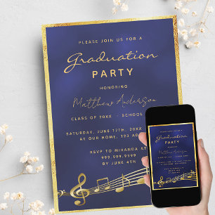 Graduation party navy blue music gold 2025 invitation