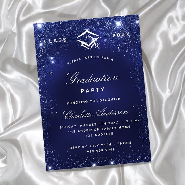 Graduation party navy blue sparkles invitation postcard (Creator Uploaded)