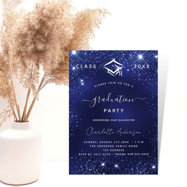 Graduation party navy blue sparkles invitation postcard (Creator Uploaded)