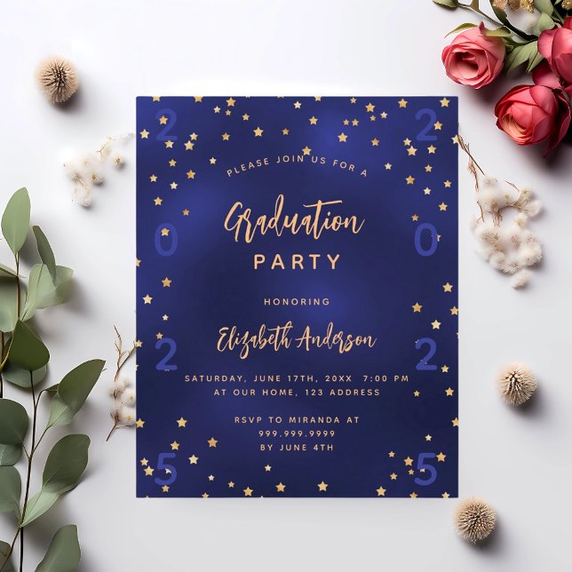 Graduation party navy blue stars budget invitation (Creator Uploaded)