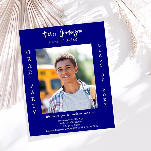 Graduation party navy blue white photo invitation (Creator Uploaded)