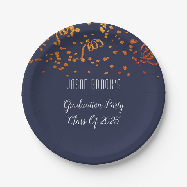 Graduation Party Orange Gold Confetti On Black Pap Paper Plate (Front)