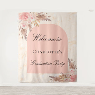 Graduation party pampas grass rose gold blush arch tapestry