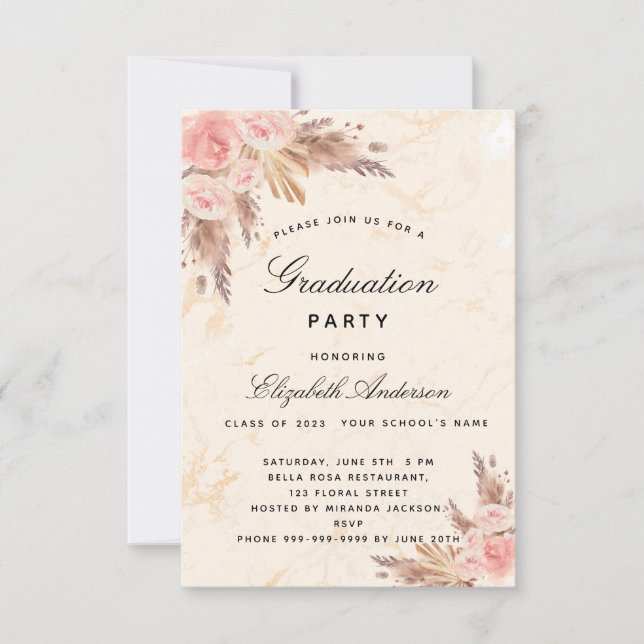 Graduation party pampas grass rose gold blush  invitation (Front)