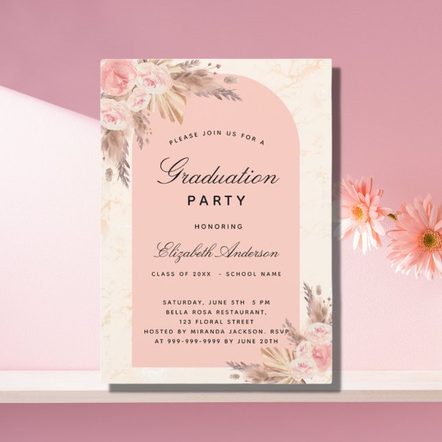 Graduation party pampas grass rose gold blush pink invitation (Creator Uploaded)