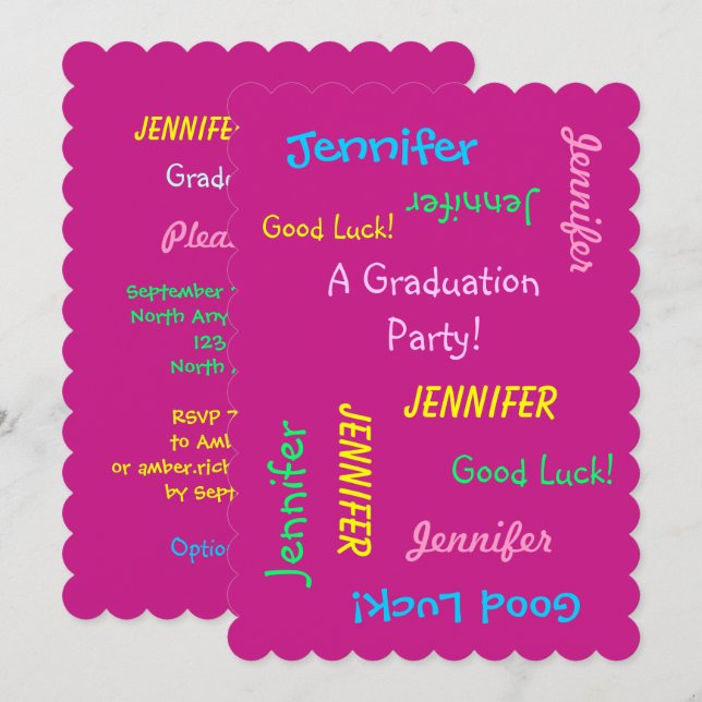 Graduation Party, Personalised Hot Pink Two Side Invitation (Front/Back)