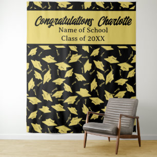 Graduation Party Personalised Photo Op Black Gold Tapestry