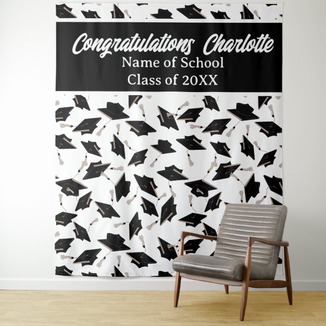 Graduation Party Personalised Photo Op Black White Tapestry (In Situ)