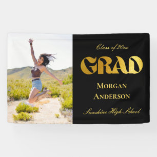Graduation Party Photo Black Gold Typography Yard Banner