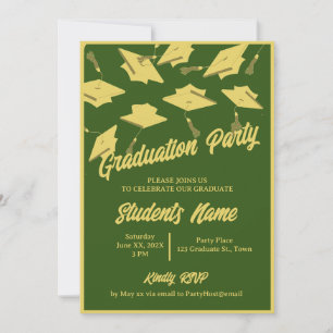 Graduation Party Photo Green and Gold Mortarboard Invitation