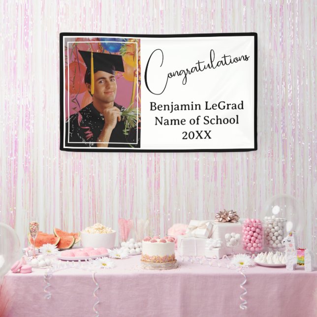 Graduation Party Photo Personalised Black & White Banner (Party)