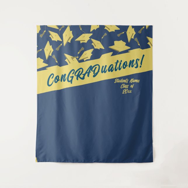 Graduation Party Photobooth Blue Gold Mortarboards Tapestry (Front)