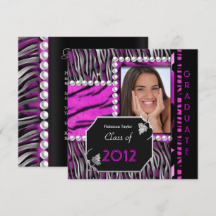Graduation Party Pink Black Silver Leopard Zebra Invitation