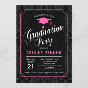 Graduation Party - Pink Black White Damask Invitation