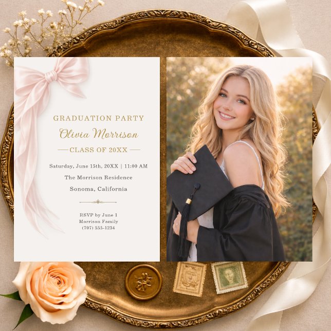 Graduation Party Pink Bow Photo  Invitation (Creator Uploaded)