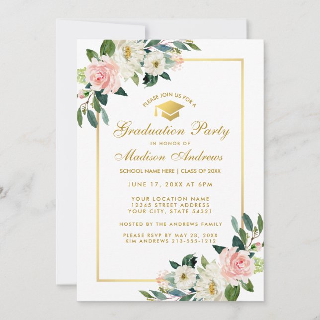 Graduation Party Pink Floral Gold Invitation (Front)