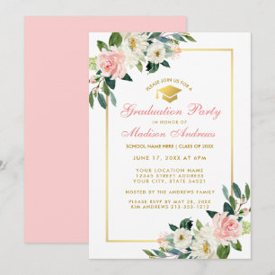 Graduation Party Pink Floral Gold Invitation Pk