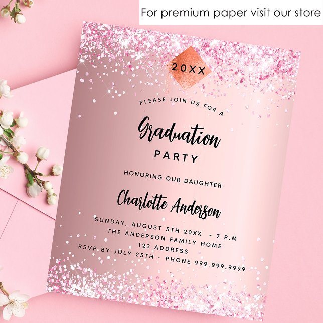 Graduation party pink glitter budget invitation (Creator Uploaded)