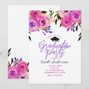 Graduation Party Pink Purple Bright Modern Floral Invitation