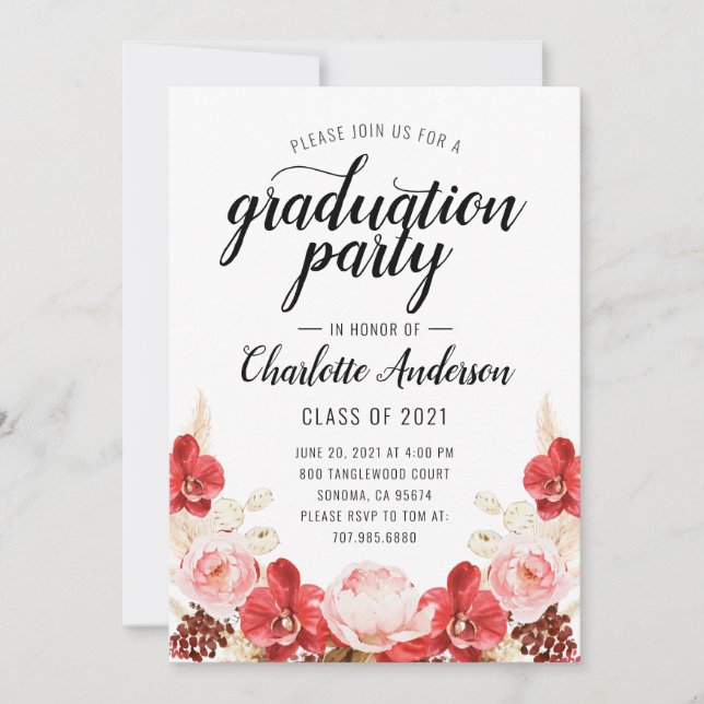 Graduation Party Pink Red Watercolor Floral Invitation (Front)