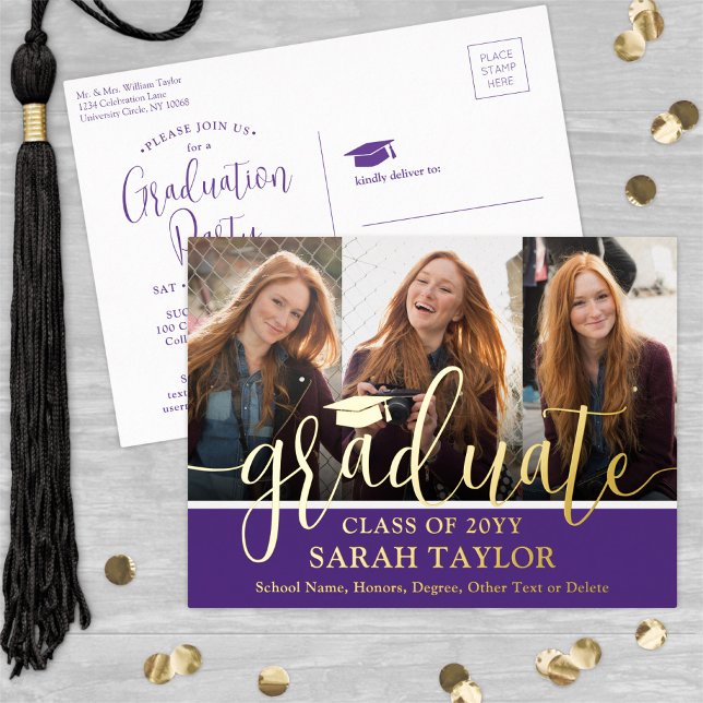 Graduation Party Purple 3 Photo Modern Script Foil Invitation Postcard (Creator Uploaded)