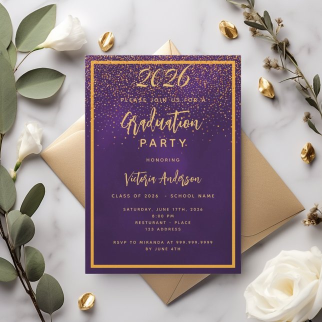 Graduation party purple gold confetti invitation (Creator Uploaded)