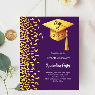 Graduation party purple gold confetti invitation