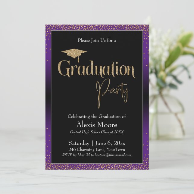 Graduation Party Purple Ombre Confetti Invitation (Standing Front)