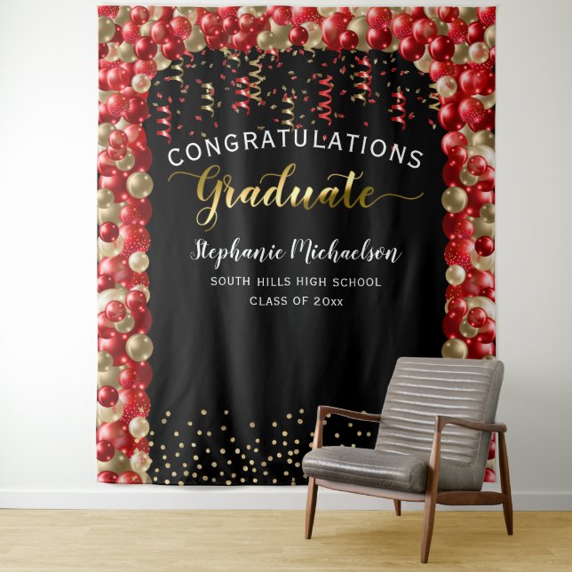 Graduation Party Red Gold Balloons Streamers Tapestry (In Situ)