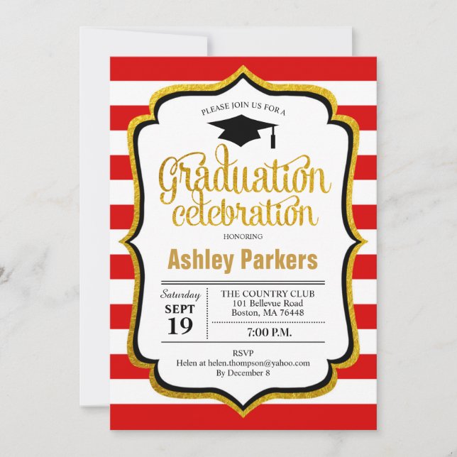 Graduation Party - Red Gold Black White Invitation (Front)