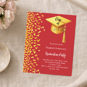 Graduation party red gold confetti invitation