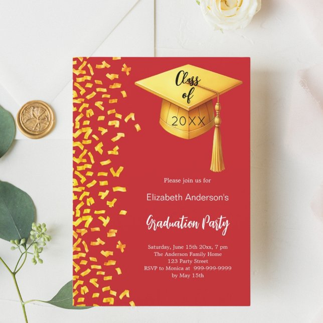 Graduation party red gold confetti invitation (Creator Uploaded)