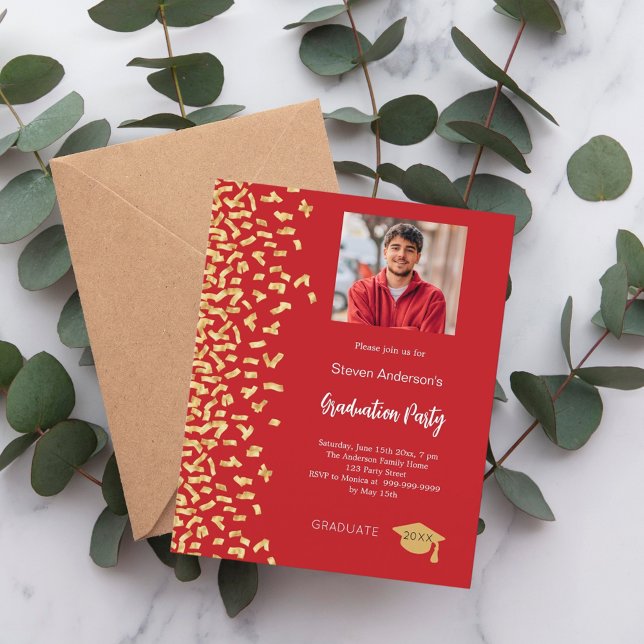Graduation party red gold photo invitation (Creator Uploaded)