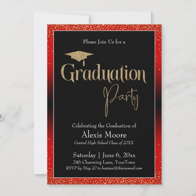 Graduation Party Red Ombre Confetti Invitation (Front)