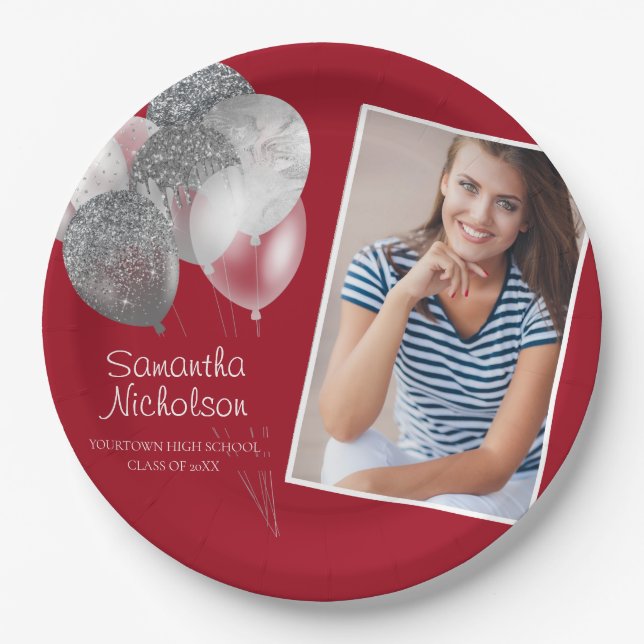 Graduation Party Red Silver Glitter Balloons Photo Paper Plate (Front)