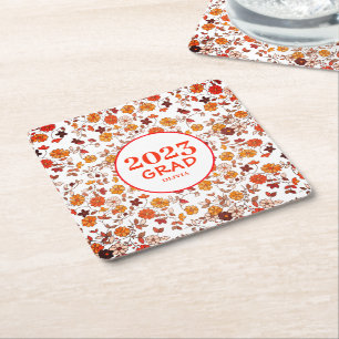  Graduation Party Retro Floral  Square Paper Coaster