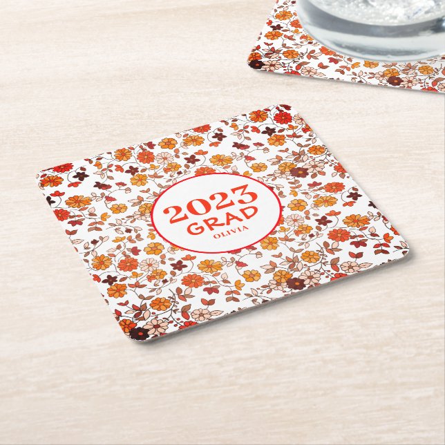  Graduation Party Retro Floral  Square Paper Coaster (Angled)