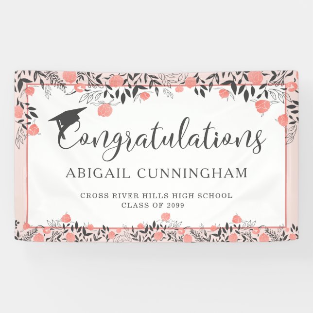 Graduation Party Rose Gold Blush Floral Banner (Horizontal)