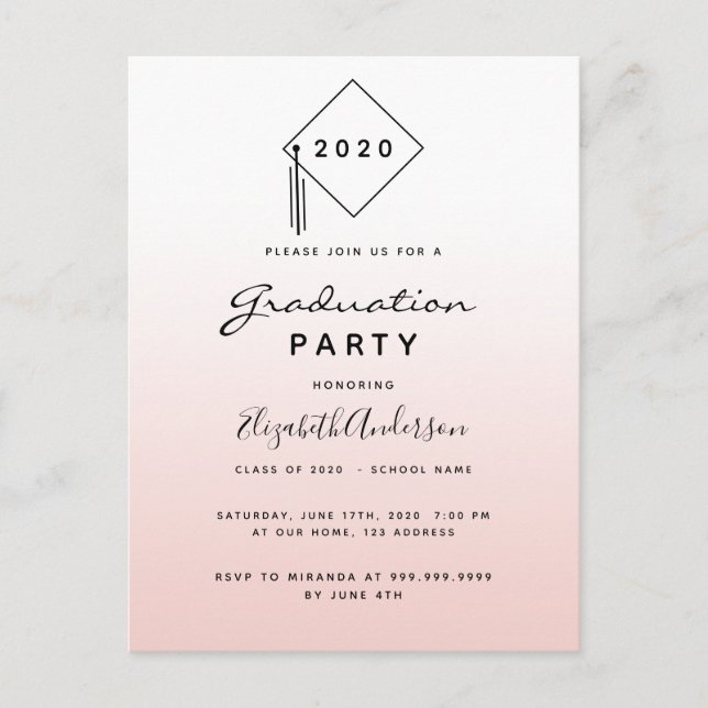 Graduation party rose gold blush invitation postcard (Front)