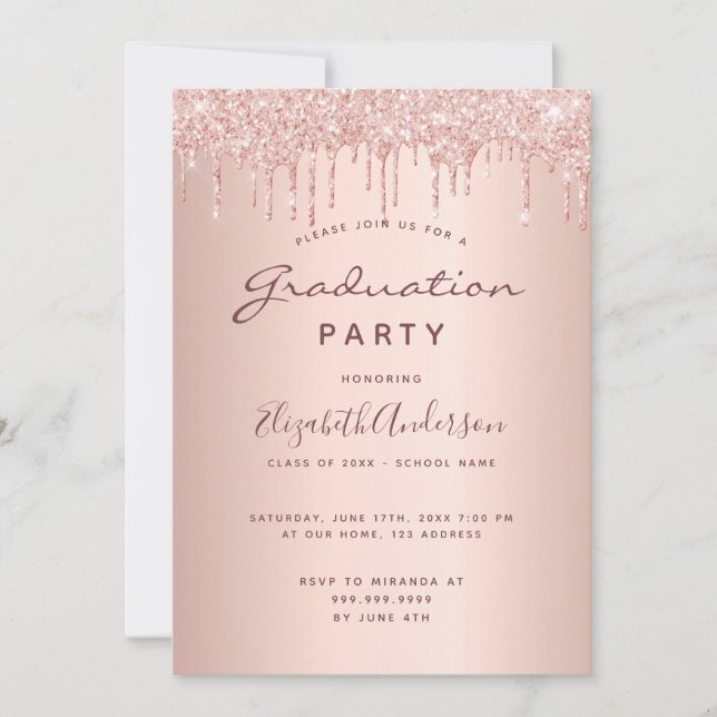 Graduation party rose gold glitter drips invitation (Front)
