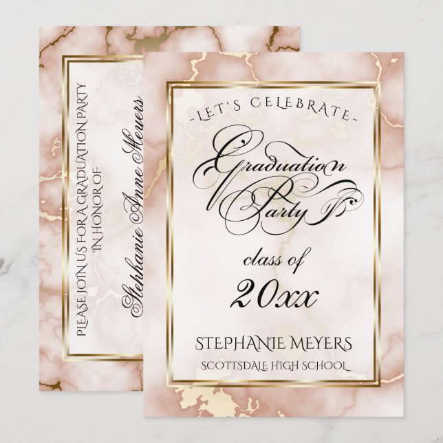 Graduation Party Rose & Gold  Marble Invitation (Front/Back)