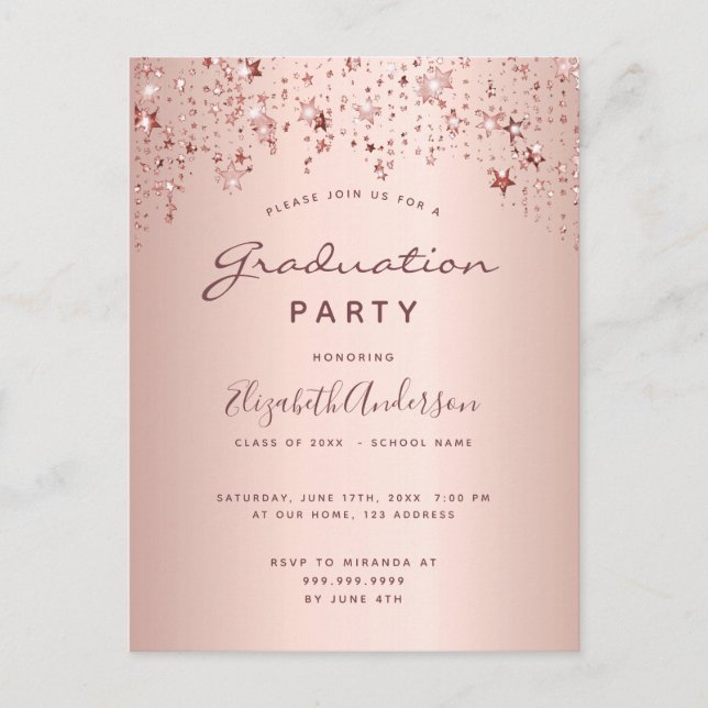 Graduation party rose gold stars invitation postcard (Front)