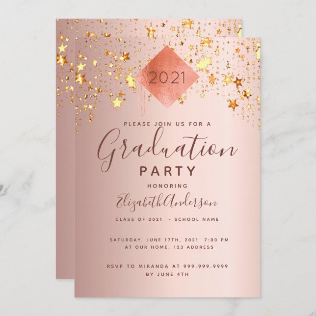 Graduation party rose gold topper stars invitation (Front/Back)