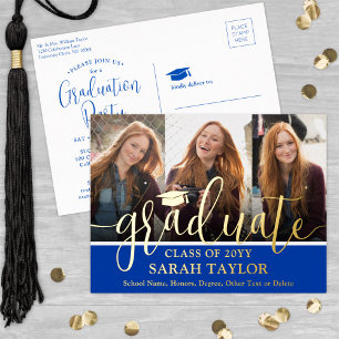 Graduation Party Royal Blue 3 Photo Modern Script Foil Invitation Postcard