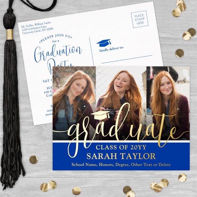 Graduation Party Royal Blue 3 Photo Modern Script Foil Invitation Postcard (Creator Uploaded)