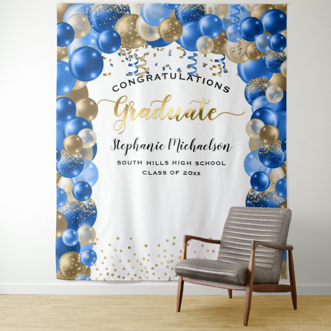 Graduation Party Royal Blue Gold Balloons Streamer Tapestry (In Situ)
