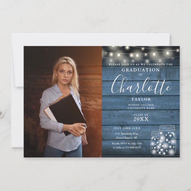 Graduation Party Rustic Blue Wood Lights Photo Invitation (Front)