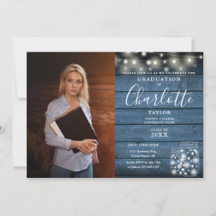 Graduation Party Rustic Blue Wood Lights Photo Invitation