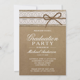 Graduation Party Rustic Burlap String Bow Lace Invitation