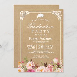 Graduation Party   Rustic Floral Frame Kraft Invitation